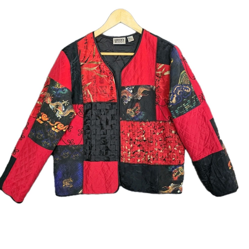 Vintage Chico's 100% Silk Jacket 1X XL Dragon Patchwork Embroidered Asian Red‎
